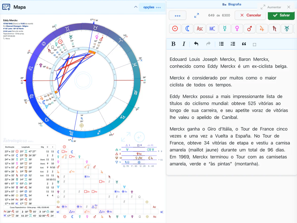 Astrologic Go com o mapa completo à esquerda e o editor de anotações profissionais aberto ao lado